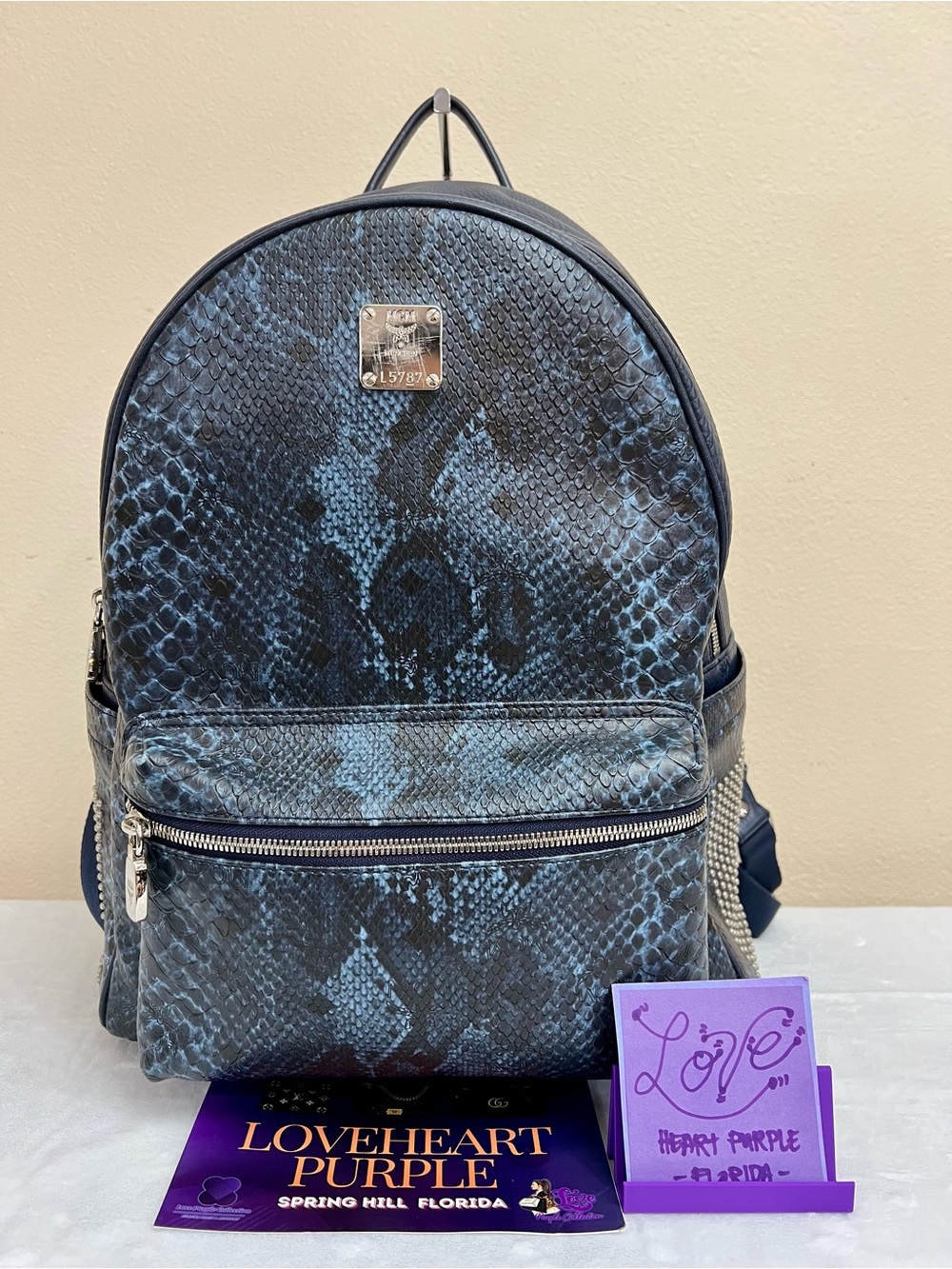 MCM Black and Blue Snakeskin Plaque Backpack